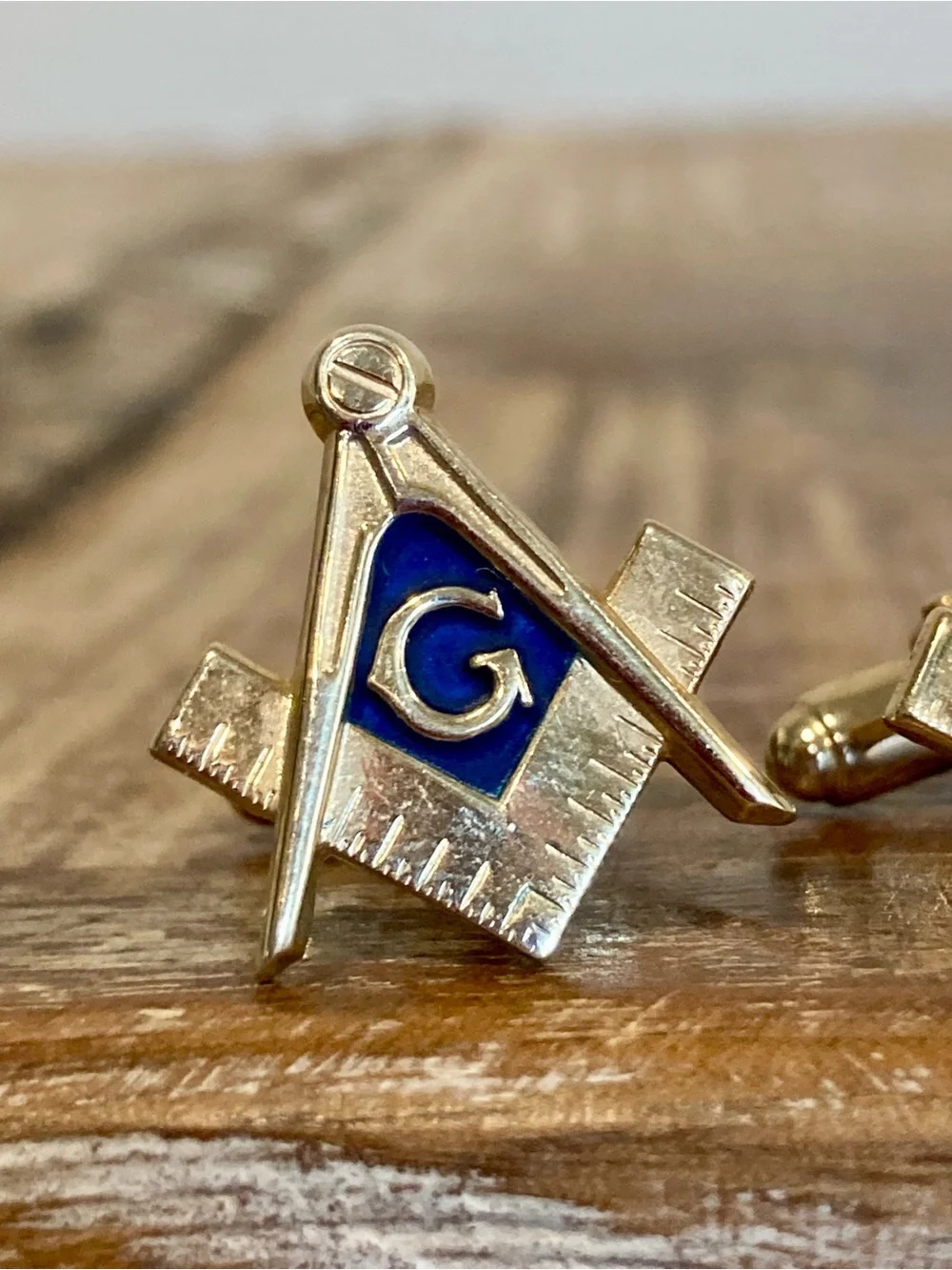 Vintage Masonic Square & Compass Cufflinks with Blue Enamel Gold Tone
